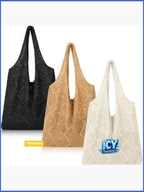 3 Pcs Crochet Mesh Beach Tote Bag Summer Hollow Woven Straw Shoulder Handbag